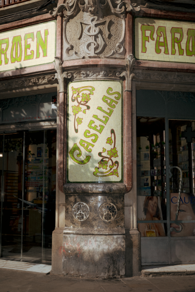 Pharmacy in Raval with Art Nouveau-style signage